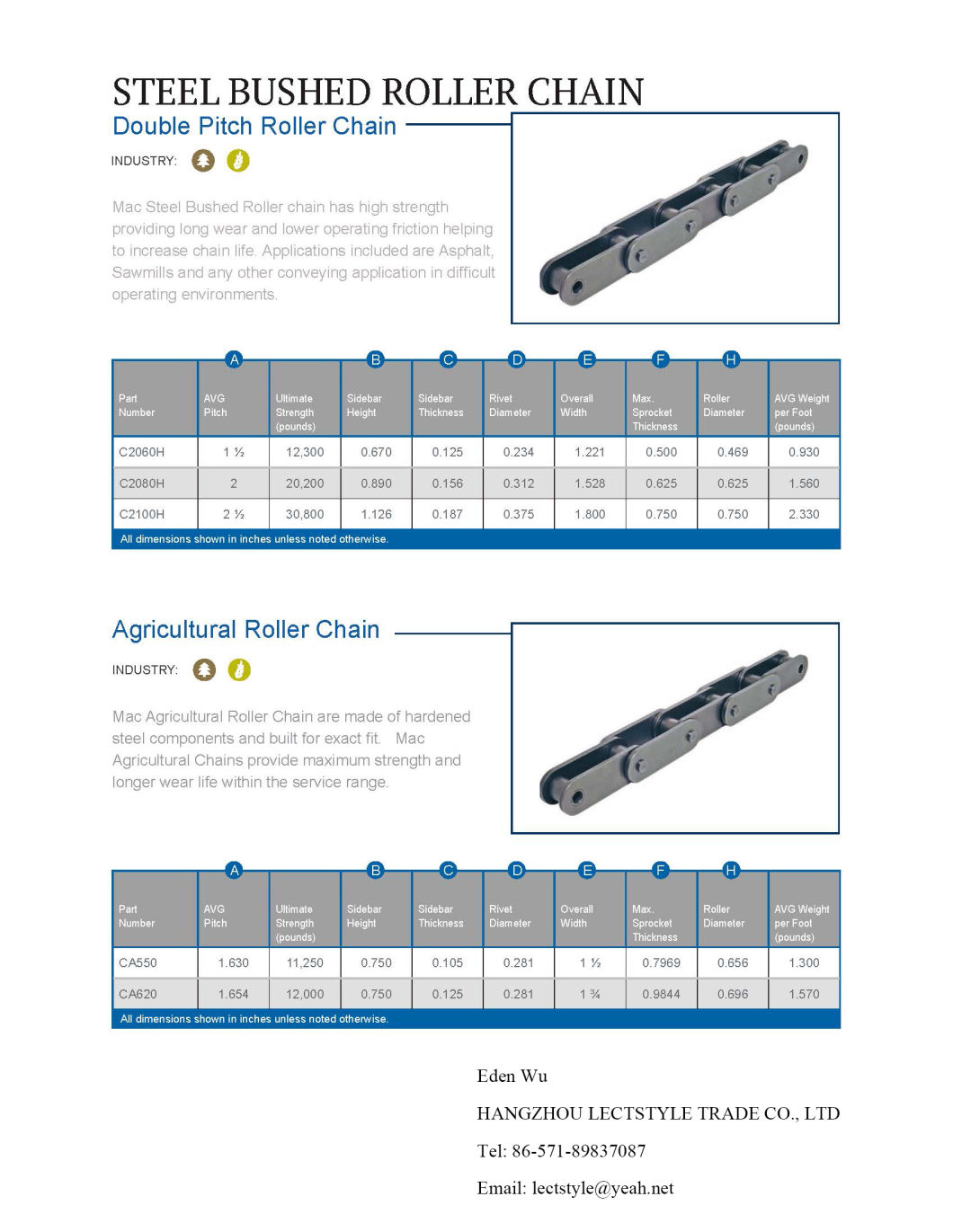 Agricultural Double Pitch Roller Chain with C2052, C2060h, C2062h, C2080, C2082h, C2100