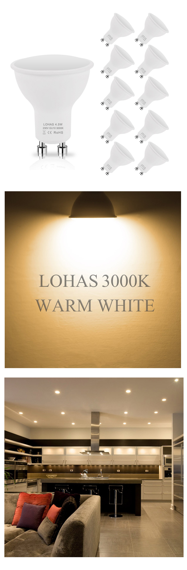 Lohas 10 Pack 4.5W GU10 LED Light Bulbs 50W Halogen Bulbs Equivalent 450lm 4.5W GU10 LED Spotlight