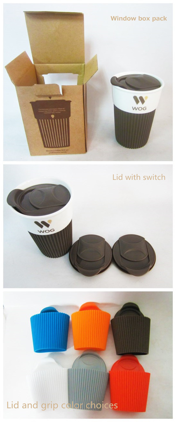 Ceramic Mug with Rubber Lid and Silicone Band, Coffee Mug Without Handle (082705)