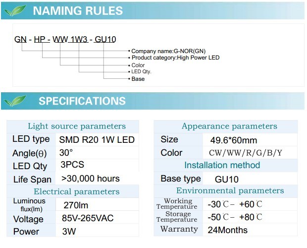 GU10 3W LED Spotlight Bulb (GN-HP-WW1W3-GU10)