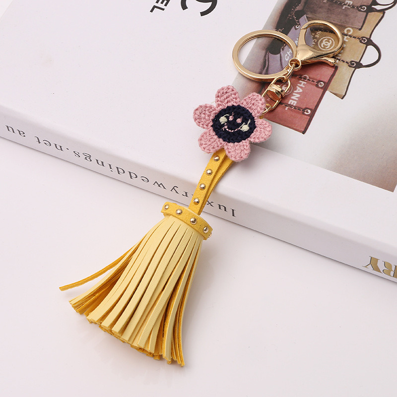 Yellow Tassel Flower Bag Pendant Keychain Leather Tassel Keychain