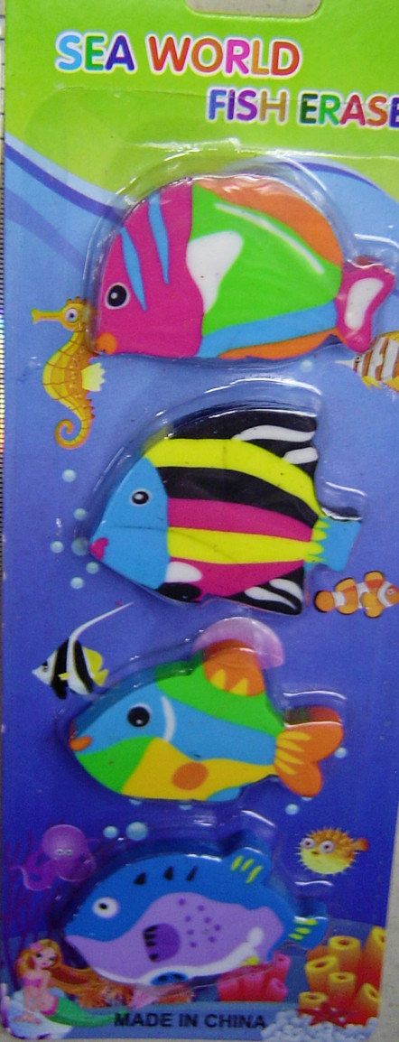 Novelty Pencil Erasers with Fish, Football, Smiley Face Designs