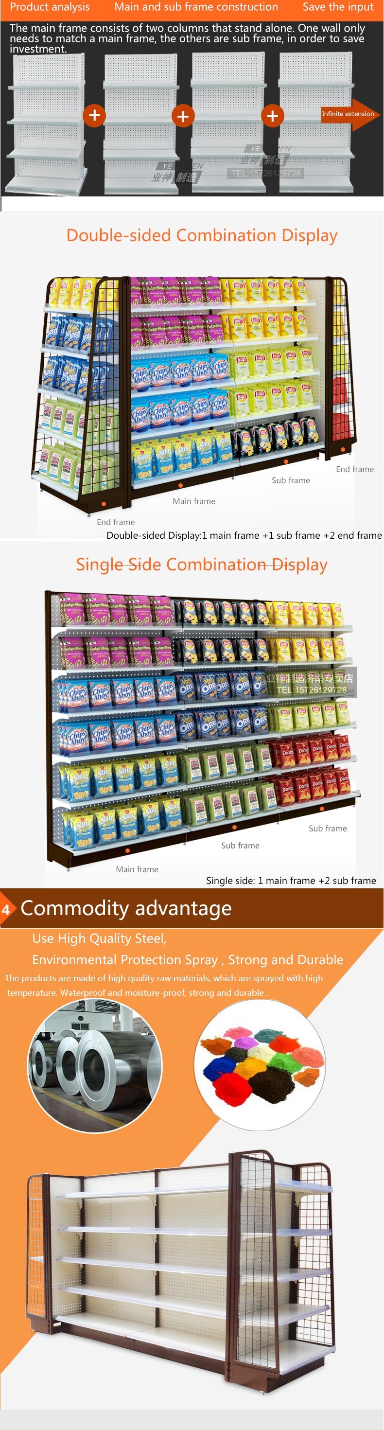 Cold Rolled Steel Supermarket Gondola Shelving/ Display Shelf