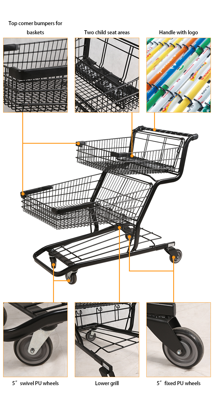 American Style 150L Big Capacity 2 Tiers Shopping Cart with 2 Baby Seat