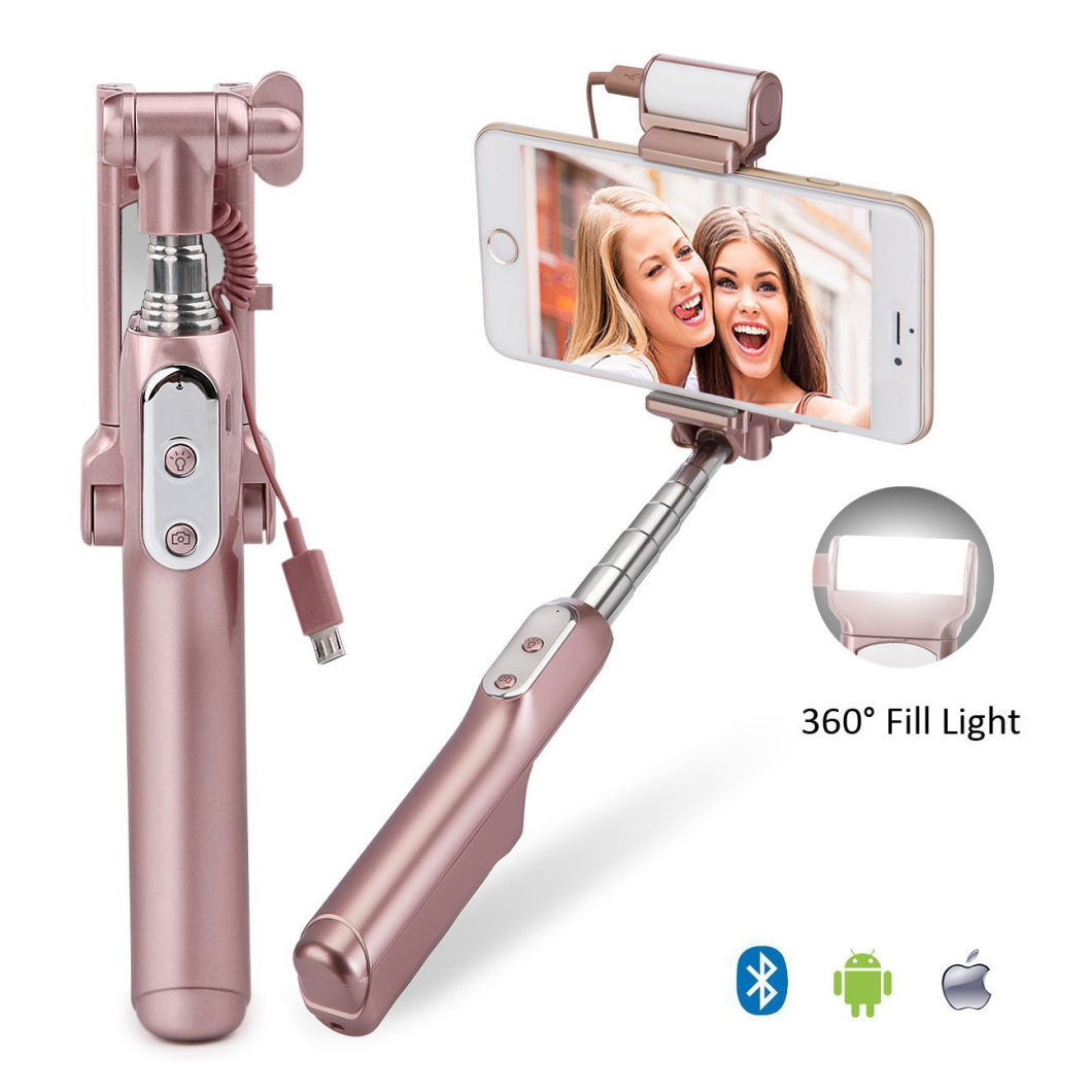 Bluetooth Selfie Stick with 360 Degree LED Fill Light and Mirror