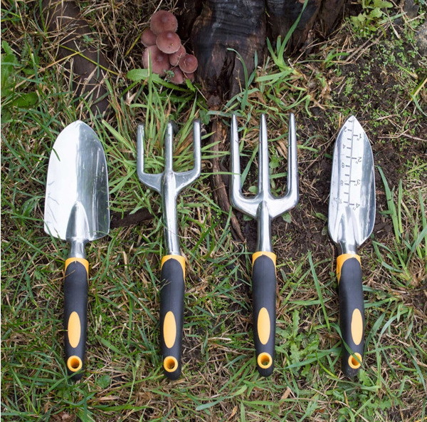 4PCS Ergonomic Garden Tools Set, Trowel, Cultivator, Trans-Planter, Fork