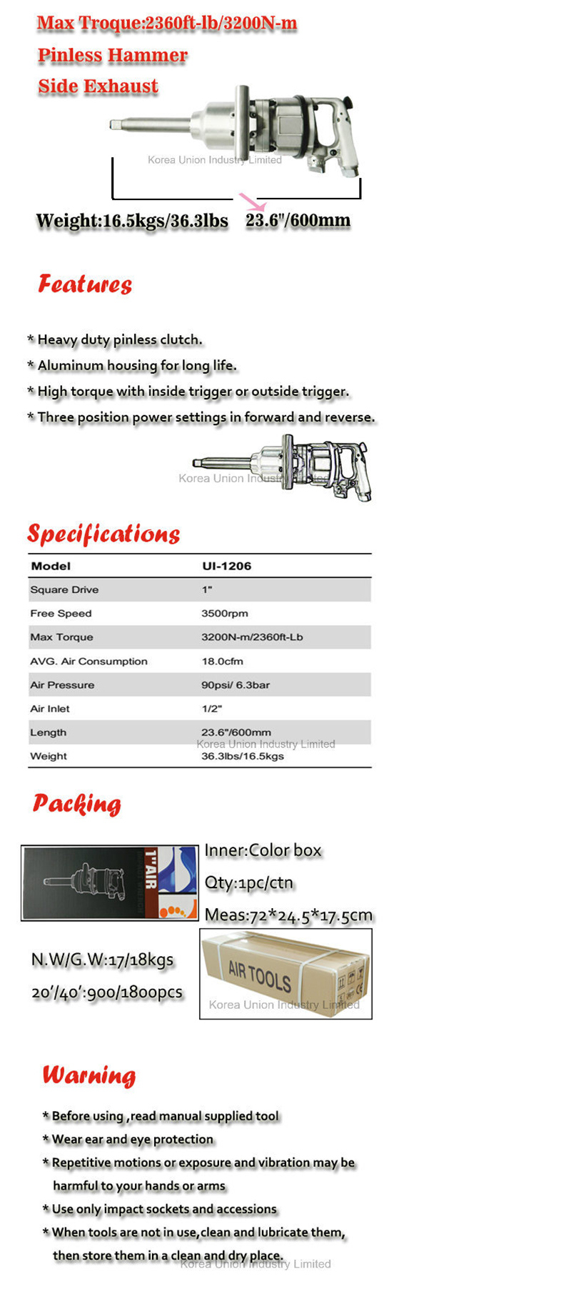 1inch Truck Tire Repair Pneumatic Impact Driver Air Tools Ui-1206