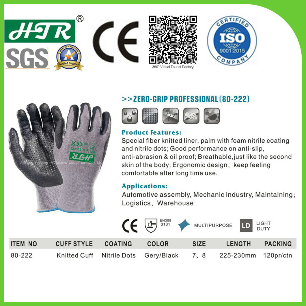 Anti-Abrasion Oil-Proof Knitted Industrial Safety Labor Work Gloves with Foam Nitrile Coating