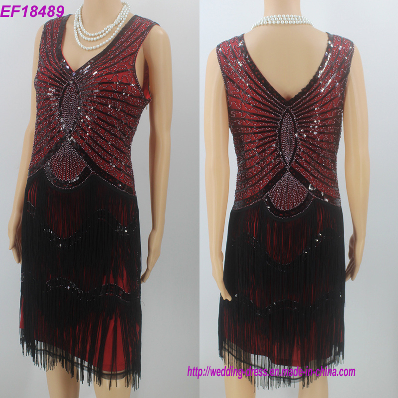 Hot Style Double V Neck Backless Tassel Dress Sequins Beaded Sexy Evening Dress