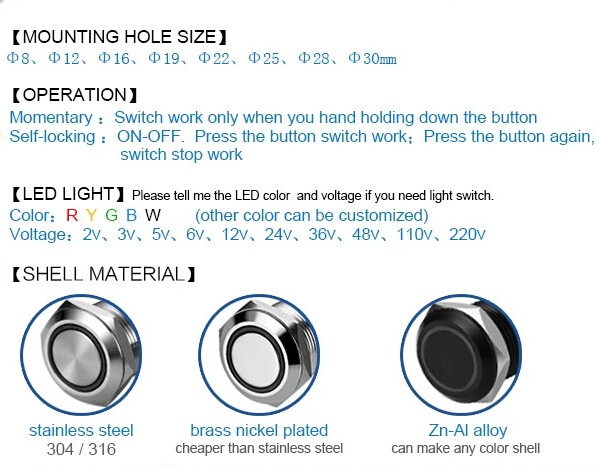 16mm Flat Round Nickel-Plated Brass Push Button Switch