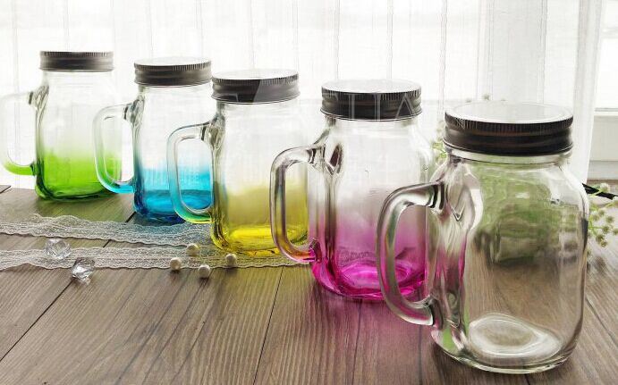 Colored Handle Glass Drinking Bottle/ Glass Container