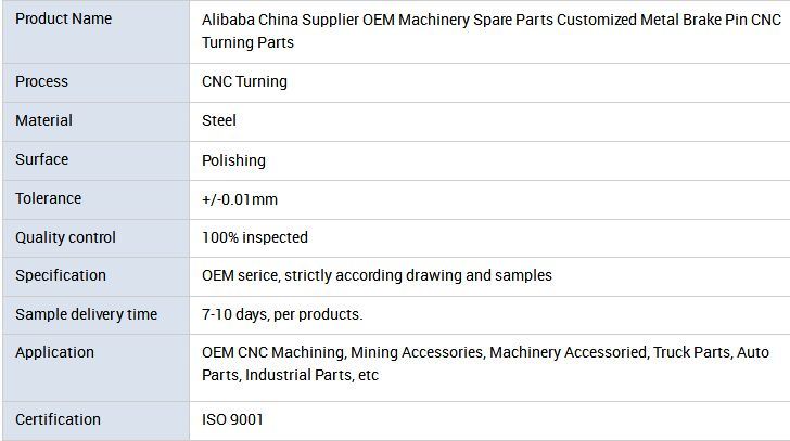 China Supplier OEM Machinery Spare Parts Customized Metal Brake Pin CNC Turning Parts