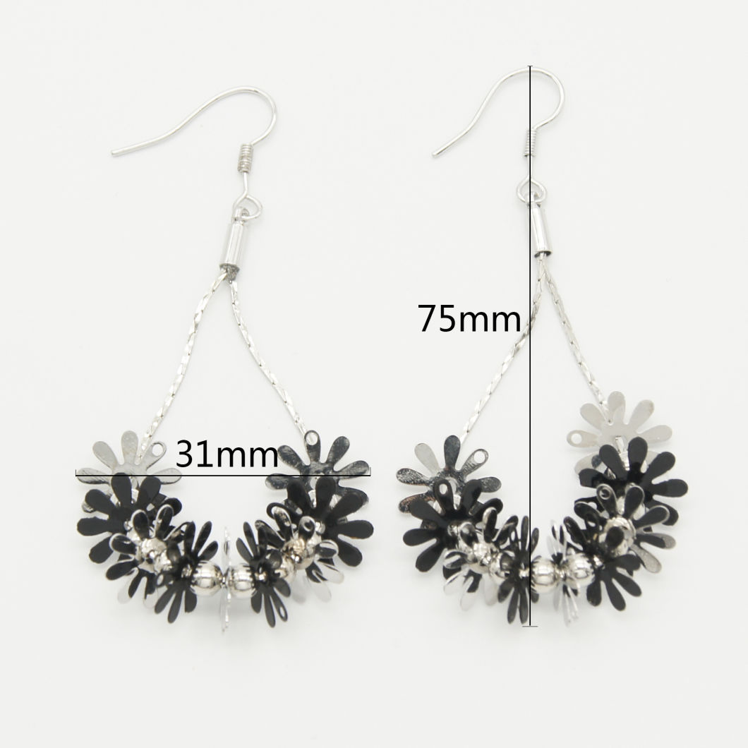 Fashion Jewelry Black and Silver Flowers Alternate with Beads Drop Earrings