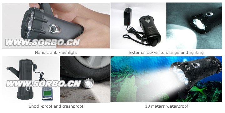 Sorbo Waterproof Dynamo Mobile Charger with Hand Crank LED Flashlight Torch Portable Emergency Dynamo Power Bank for Outdoor