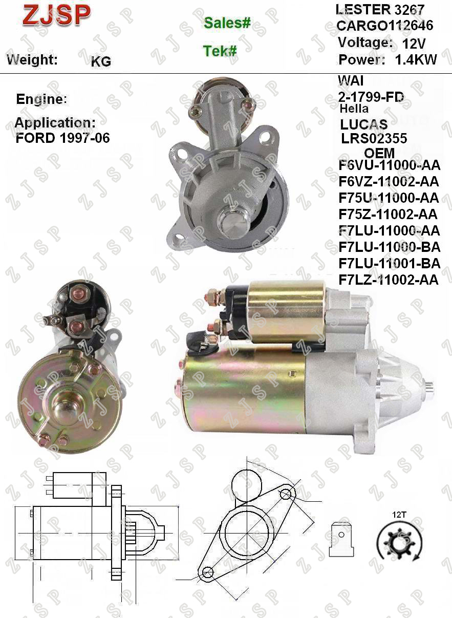 Ford Starter ZJS-F-001	LRS02355 112646	F6VU-11000-AA F6VZ-11002-AA F75U-11000-AA F75Z-11002-AA F7LU-11000-AA F7LU-11000-BA F7LU-11001-BA F7LZ-11002-AA