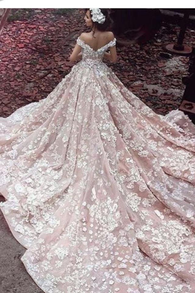 Cap Sleeves Bridal Gowns Luxury Flowers Pink Arabic Wedding Dresses S201757