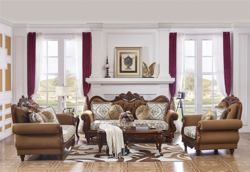 Solid Wood Sofa Sets Luxurious Fabric Sofa Sets 1+1+3 Antique Design 1 Seat Sofa 3 Seat Sofa Home Furniture