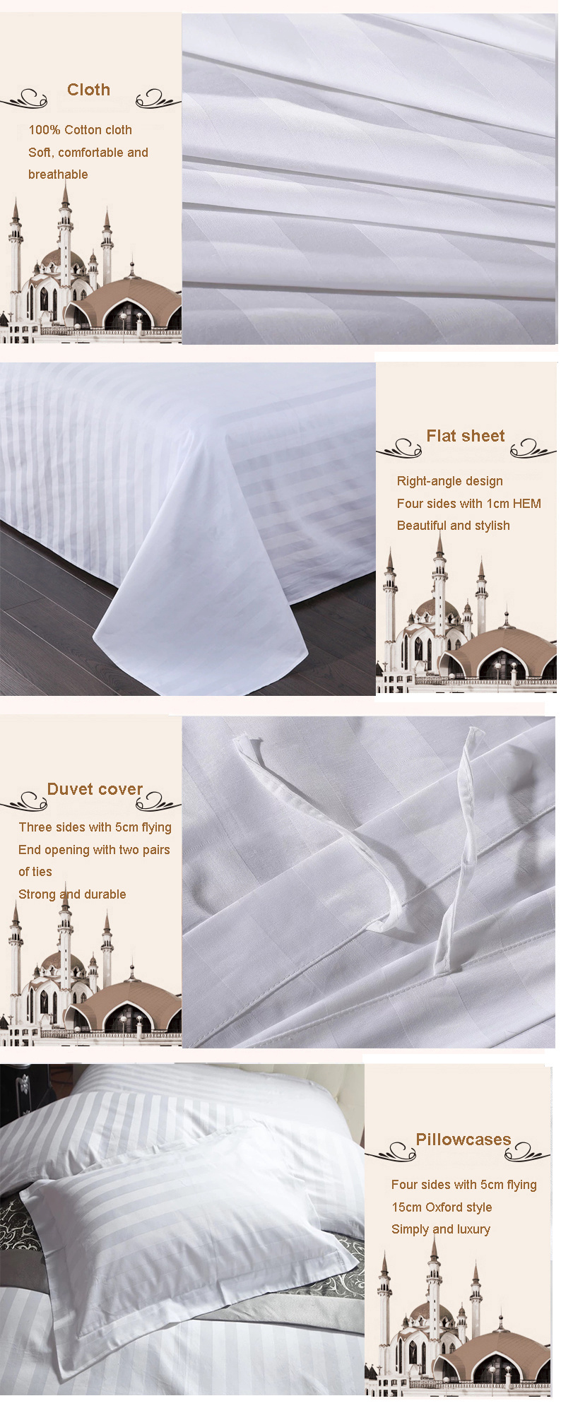 High Quality 100% Cotton Bedding Set Satin Fabric Hotel Linen /Bed Sheets