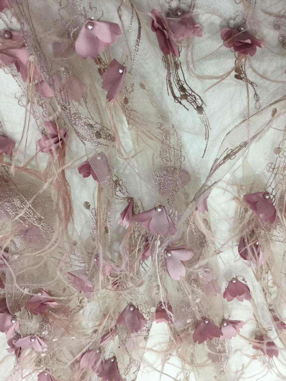 French Tulle Fabric Embroidery with Feather and Beads for Party Dress
