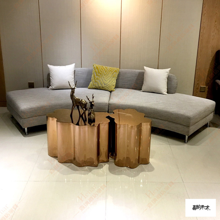 Modern Luxe Golden Stainless Steel Hotel Lobby Sectional Sofa