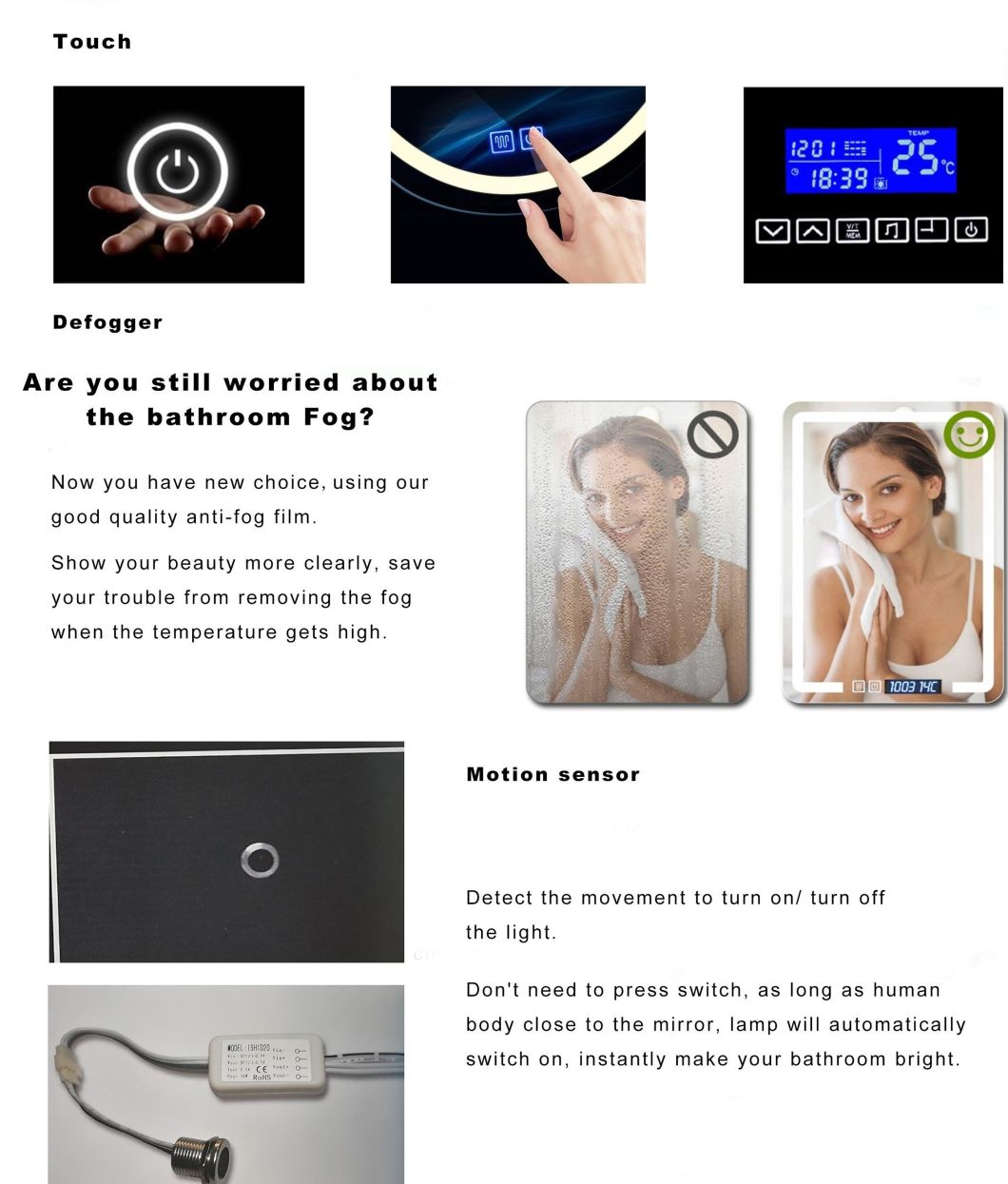 Modern Home Hotel Lighted Smart Bathroom LED Mirror