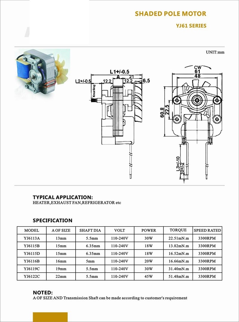 3300rpm Long Life Fan Head Part Oven Motor