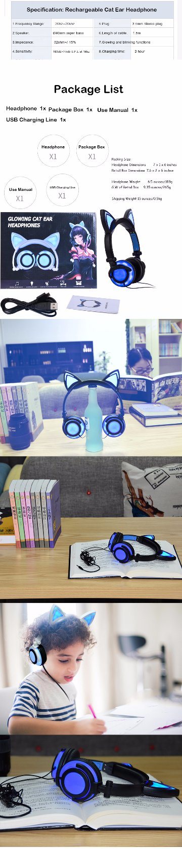 2017 Hot New Glowing Wired Chargeable Cat Ear Headphones