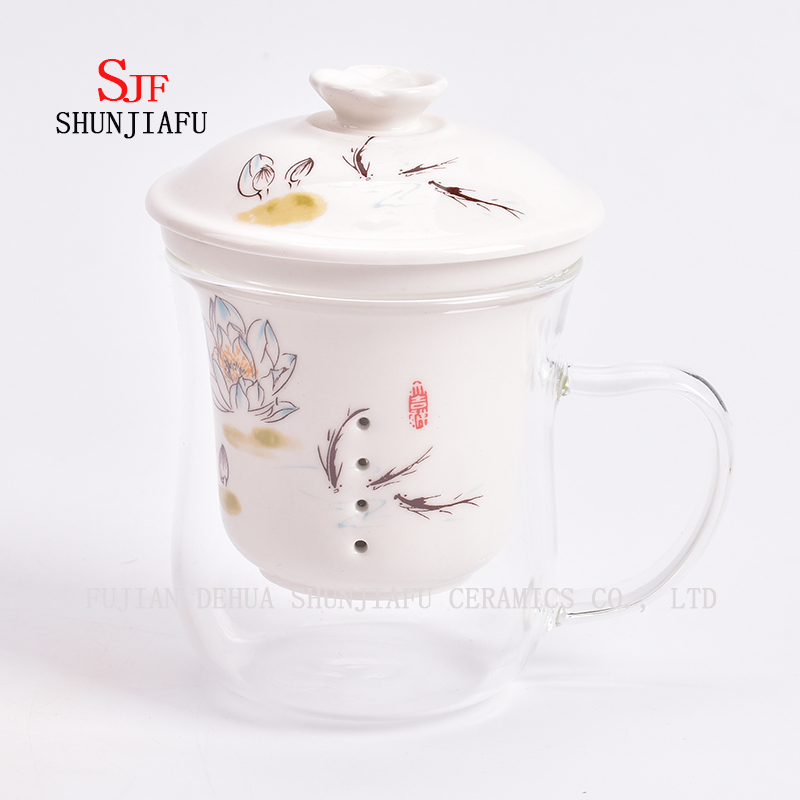 Ceramic Mugs Double Wall Glass Tea Cup Creative Transparent Mug Three-Piece Set with Filter and Lid Rose Flower Tea Mugs Glass Ceramic Cup