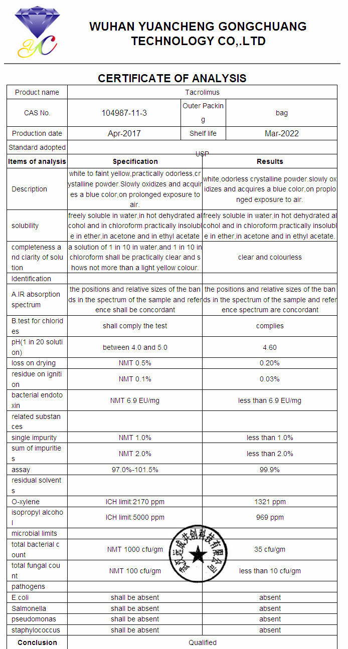 99% Purity Tacrolimus Powder as Antibiotic CAS 104987-11-3