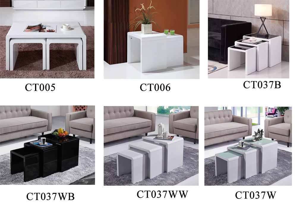Home Furniture White Nesting Coffee Table/Tea Table/Coffee Side Table with Black Tempered Glass