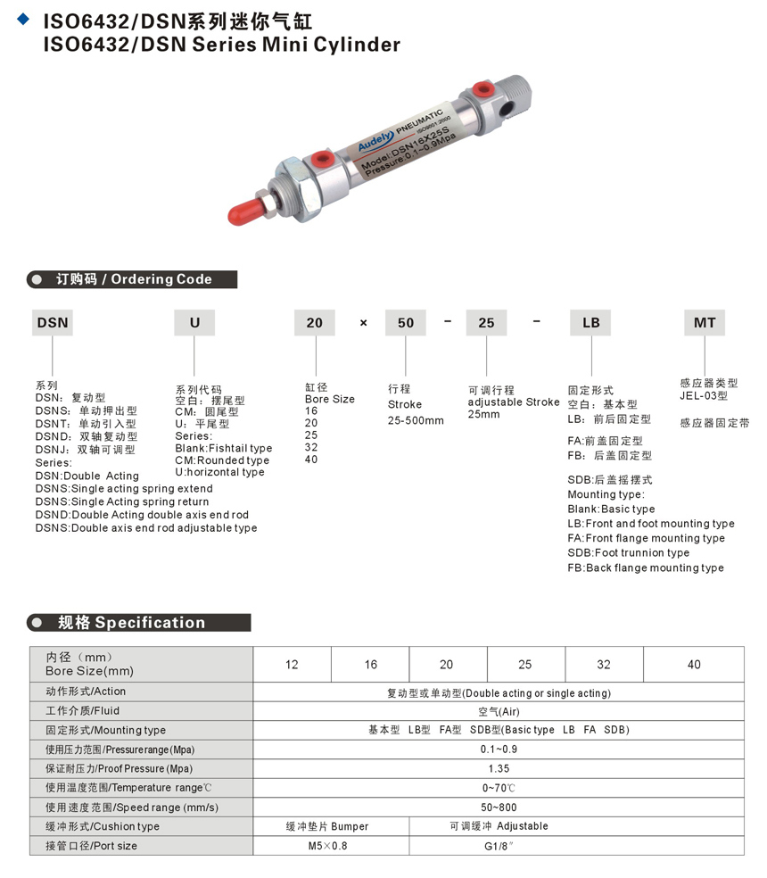 Dsn ISO 6432 Mini Pneumatic Cylinders Bore 16