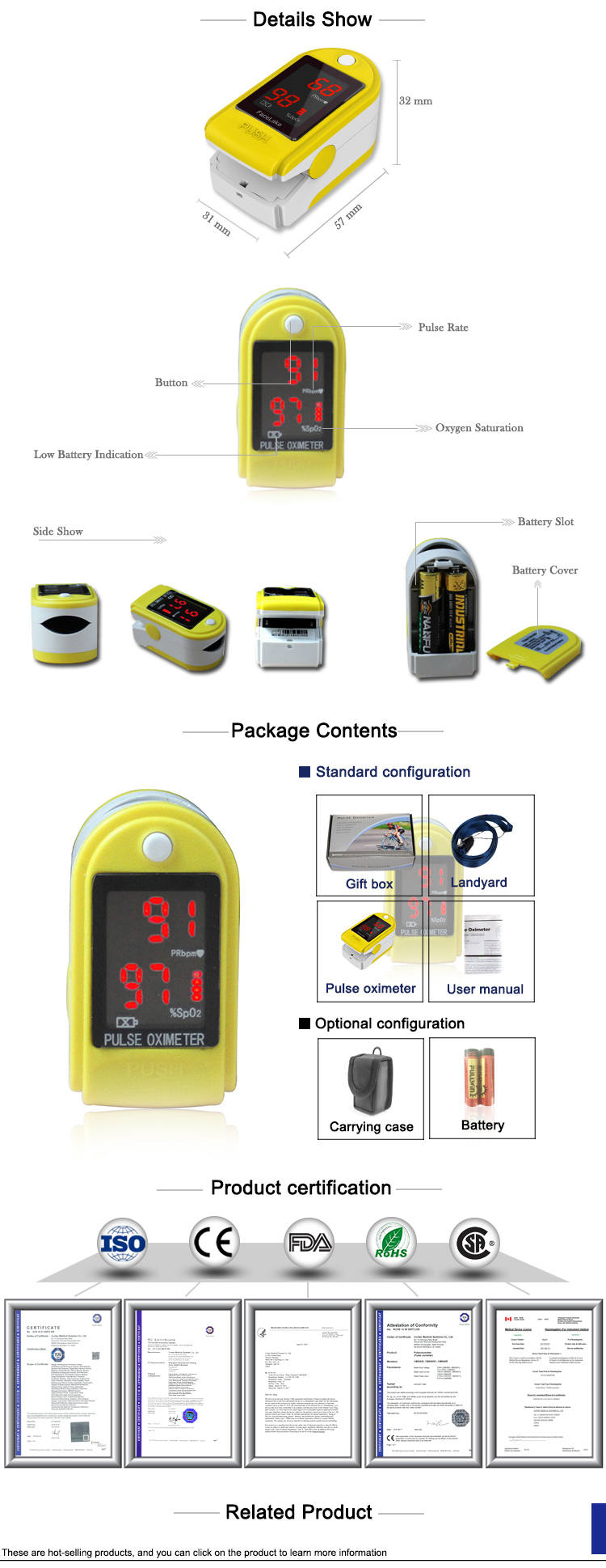 Contec Cms50dl LED Fingertip Oxygen Monitor Pulse Oximeter Medical Equipment
