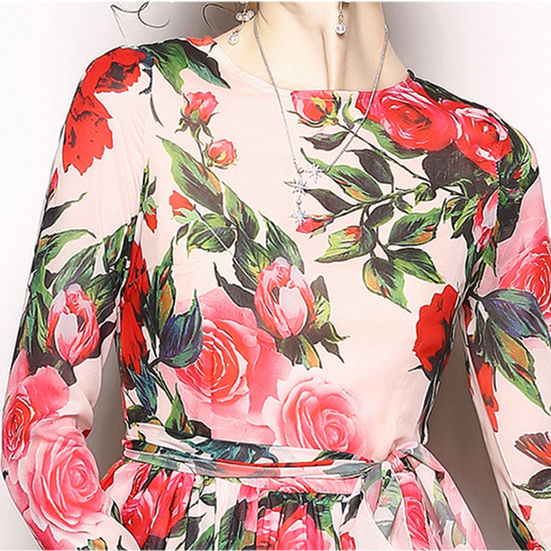 2018 Hot Sale Floral Printing Chiffon Wide Hem Fashion Dress