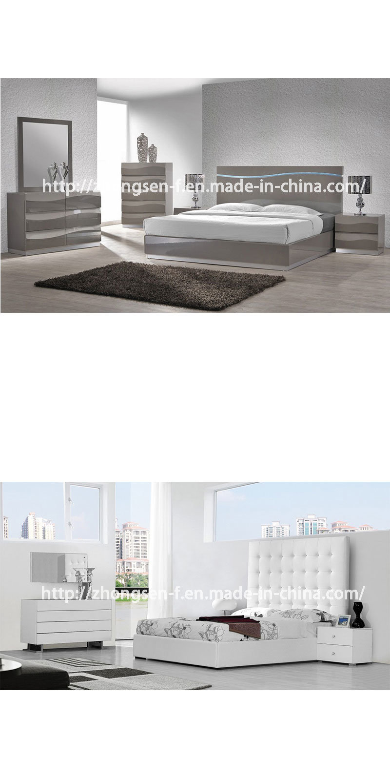 Customization Contemporary Italian Style King Bedroom Furniture in White and Sliver High Gloss Lacquer with Oak Wood