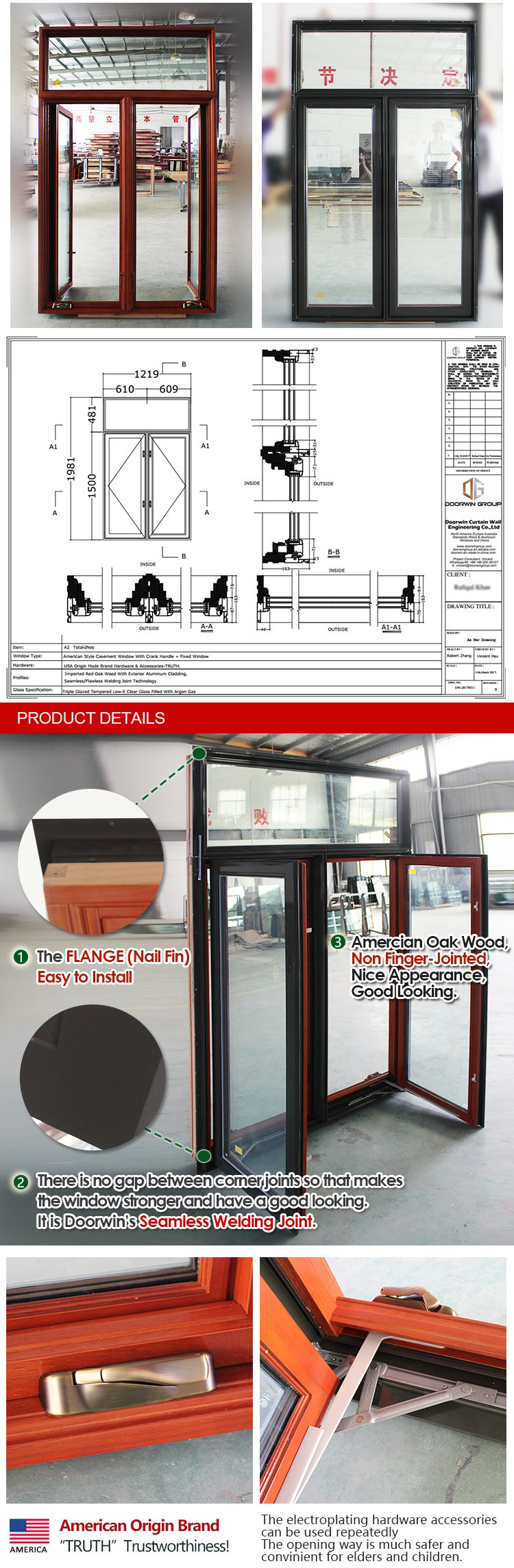 American Oak Wood Aluminum Crank Casement Window