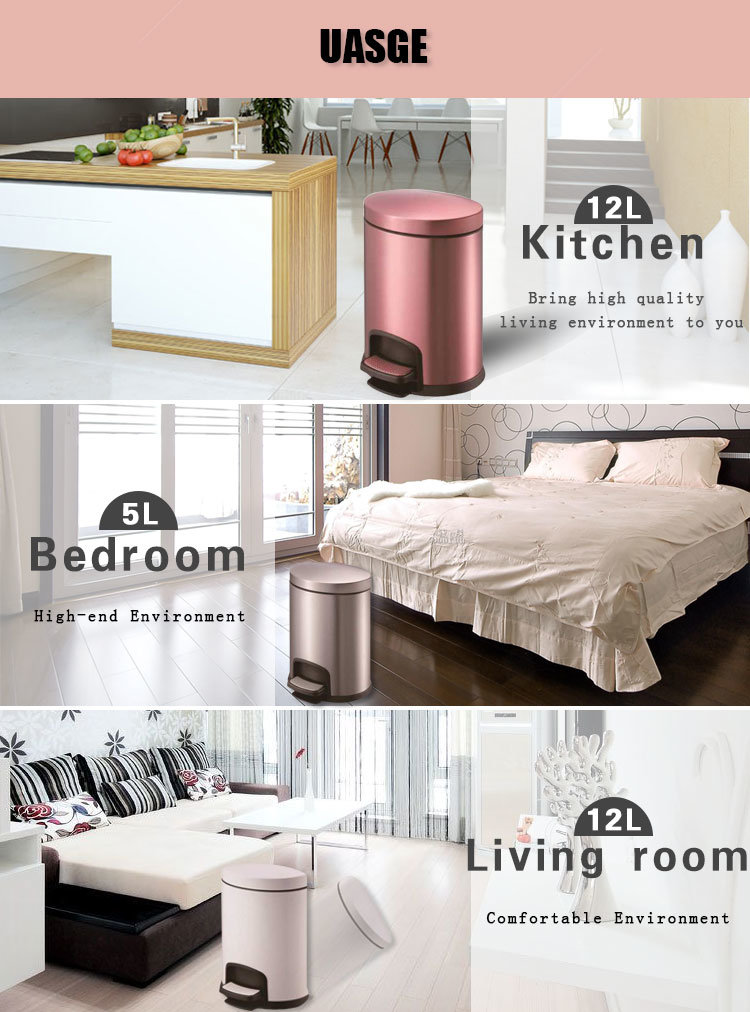 Factory Price New Rose Gold Stainless Steel Pedal Foot Operated Trash Waste Garbage Bin for Hotel Room