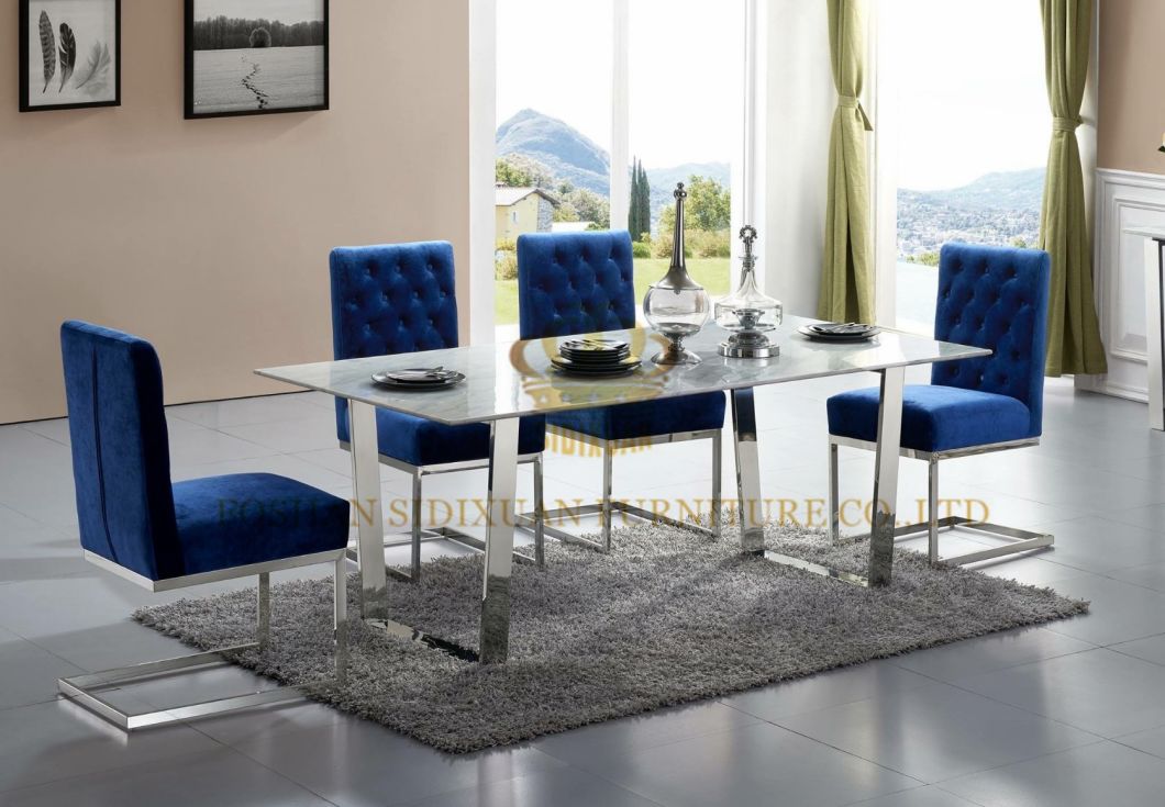 Luxury Home Interior Stainless Steel White Marble Top Dining Table Set