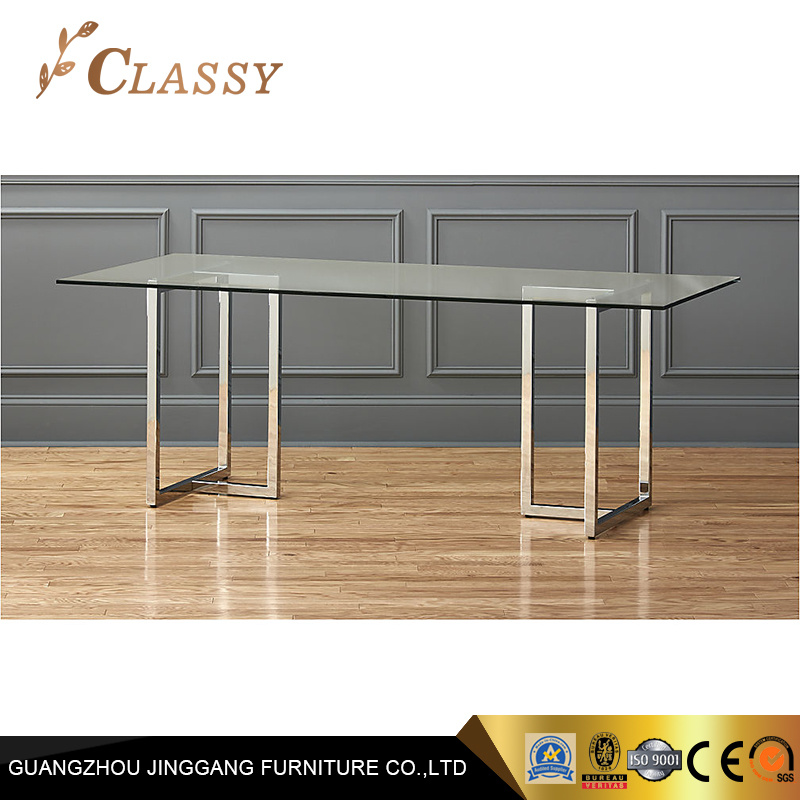Rectangle Dining Table in Silver Stainless Steel Tempering Glass Top