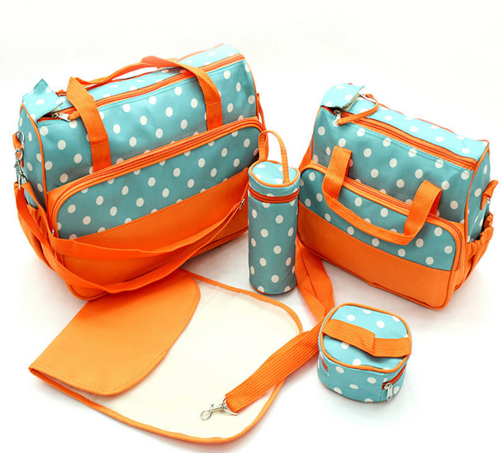 5 Pieces Set Baby Nappy Bag Mummy Tote Bag with Milk Bottle HolderÂ 