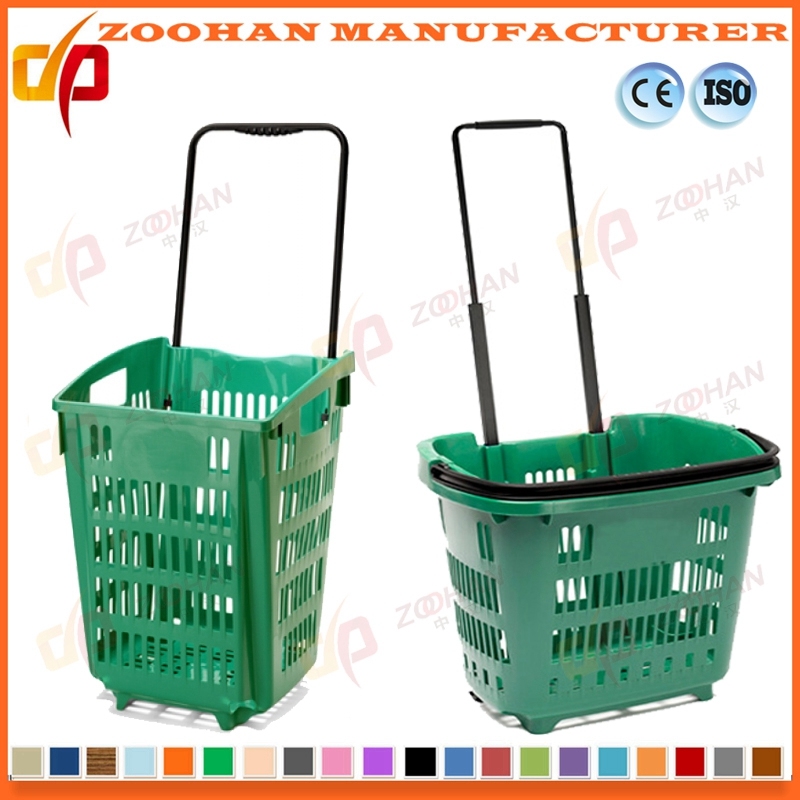 High Capacity Plastic Supermarket Shopping Basket with Wheels (ZHB179)