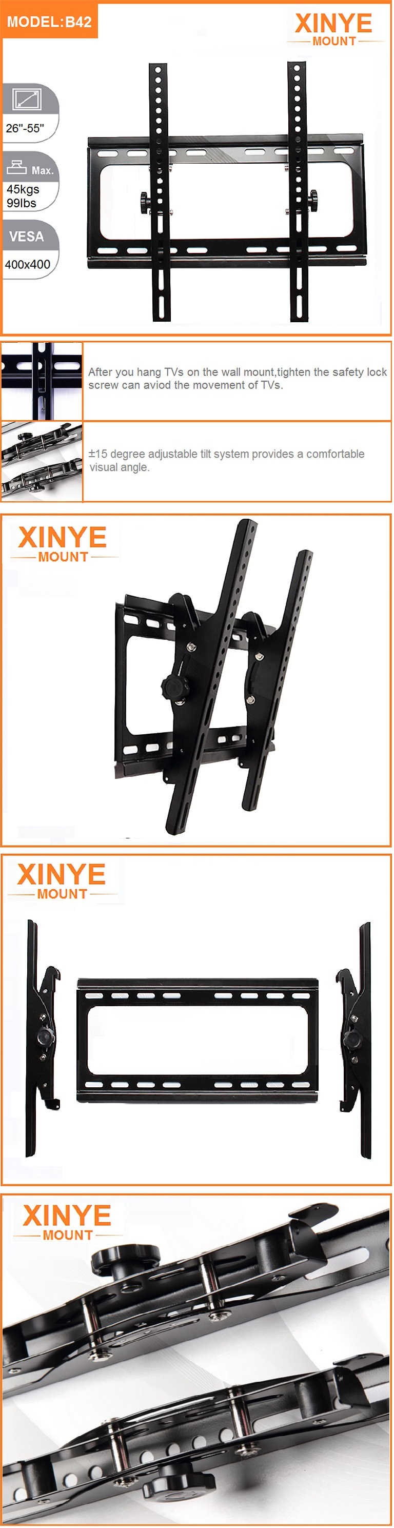 -15~+15 Degrees Tilting TV Wall Mount Bracket Fit for 26