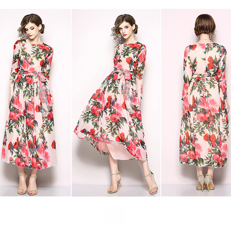 2018 Hot Sale Floral Printing Chiffon Wide Hem Fashion Dress