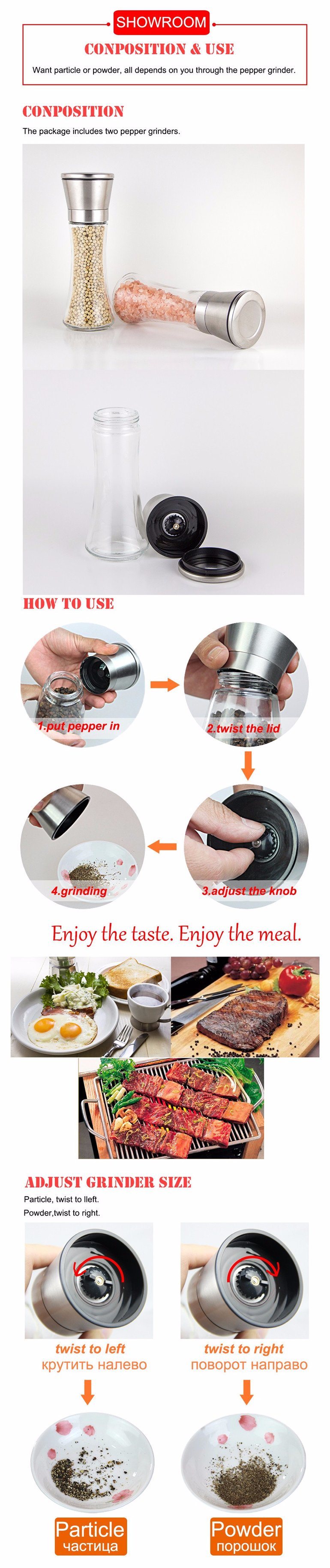 Salt and Pepper Grinder Mill Stainless Steel Lid Glass Bottle Adjustable Ceramic Rotor