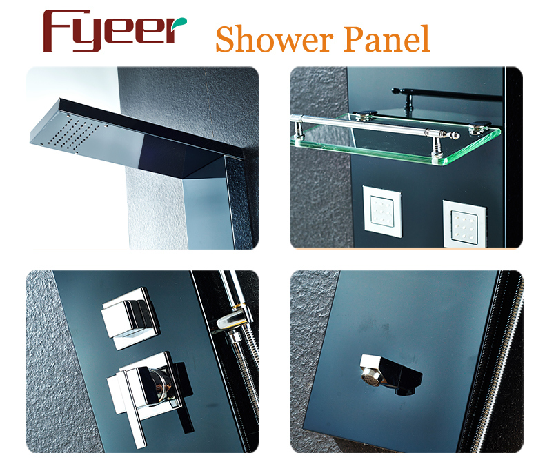 Fyeer 2PCS Black Shower Panel with Masaage Jets and Glass Shelf