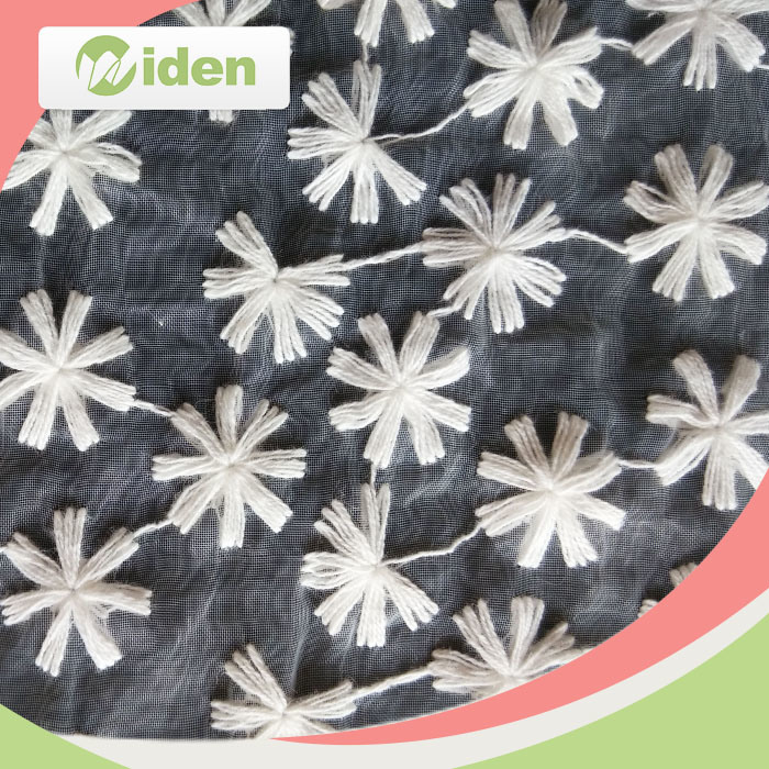 Nylon and Cotton Mesh Embroidery Lace Fabric with POM POM