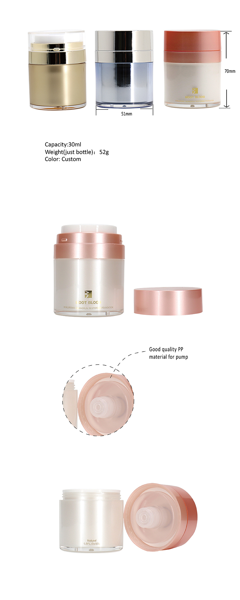 30ml Round Plastic Makeup Packaging Foundation Pump Bottle