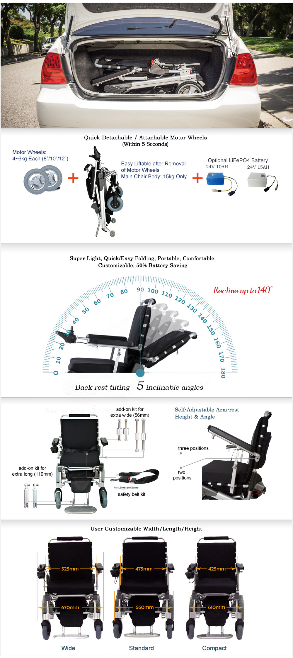 Folding Electric Wheelchairs with Brushless Motor and Controller