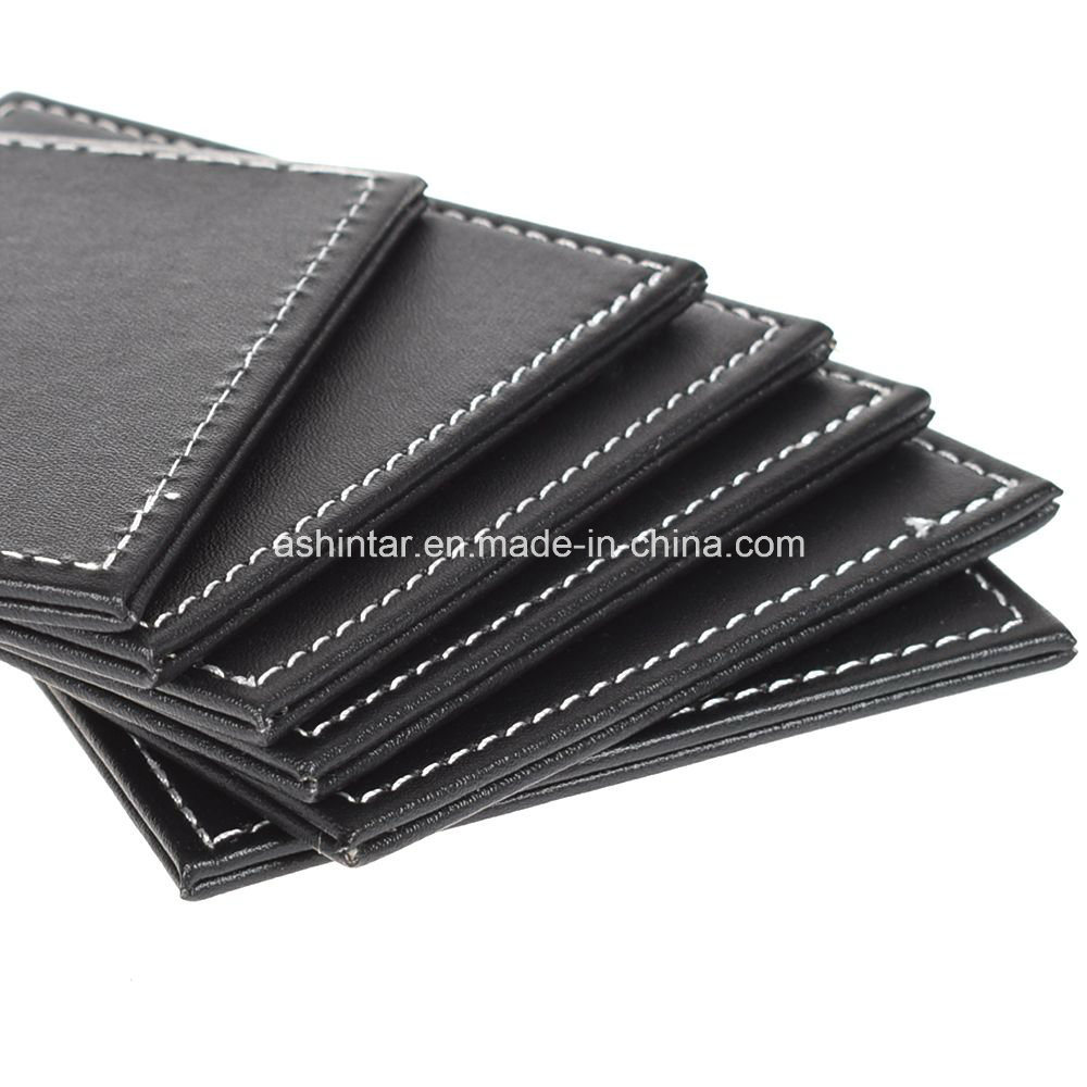 6PCS/Set Double-Deck Leather Coasters Set Placemat of Cup Coaster Holder Coffee Drink Placemat