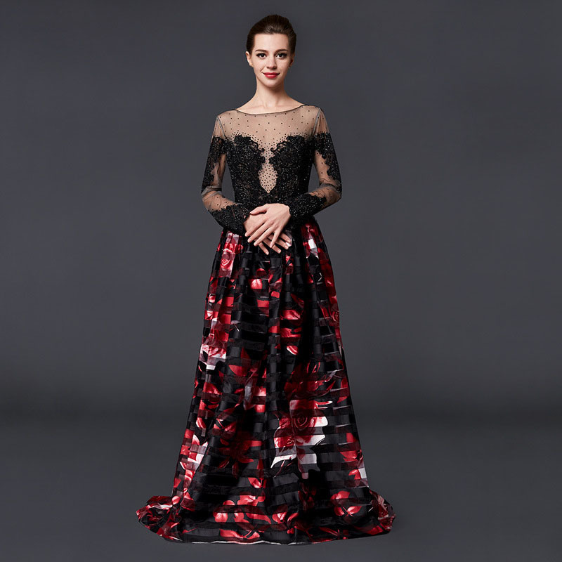 Delicate Elegant Fashion Style Transparent Long Sleeve and Dimensional Printed Flower Evening Dress