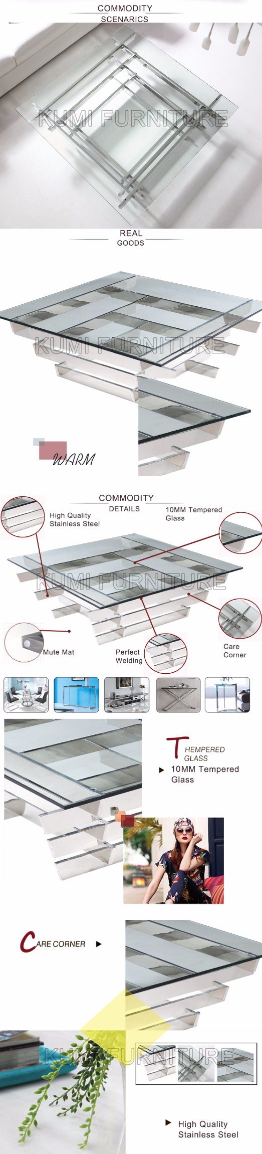 New Design Tempered Glass Coffee Table with Metal Frame